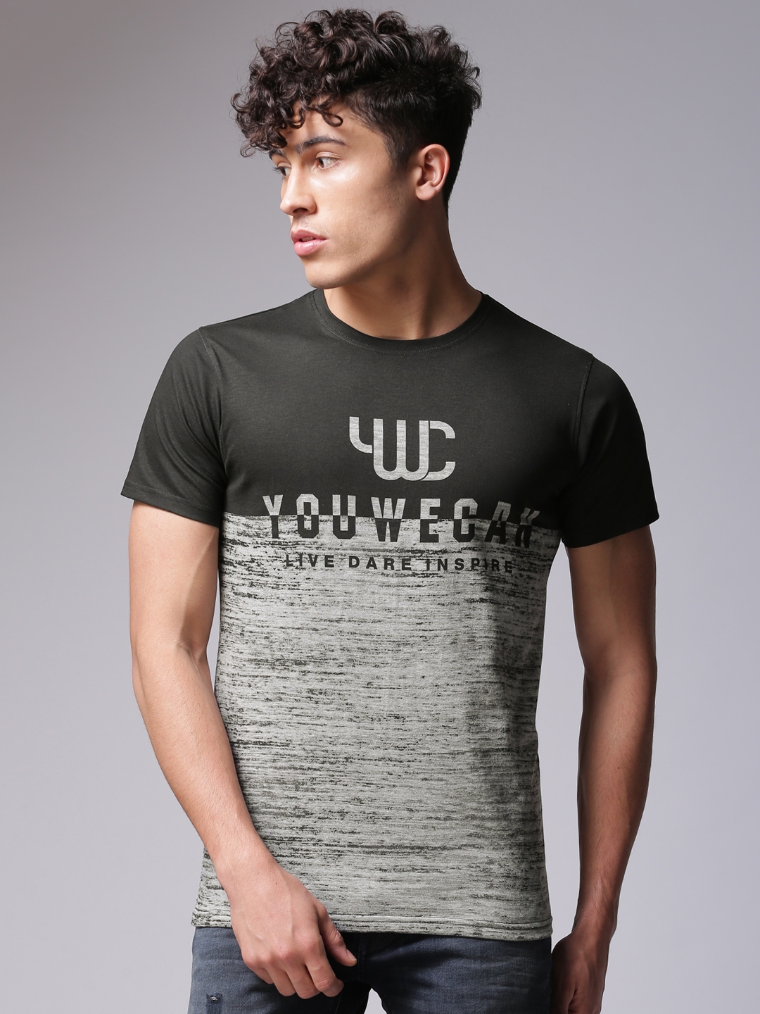 Buy YWC Men Charcoal Grey Printed Round Neck Pure Cotton T Shirt ...