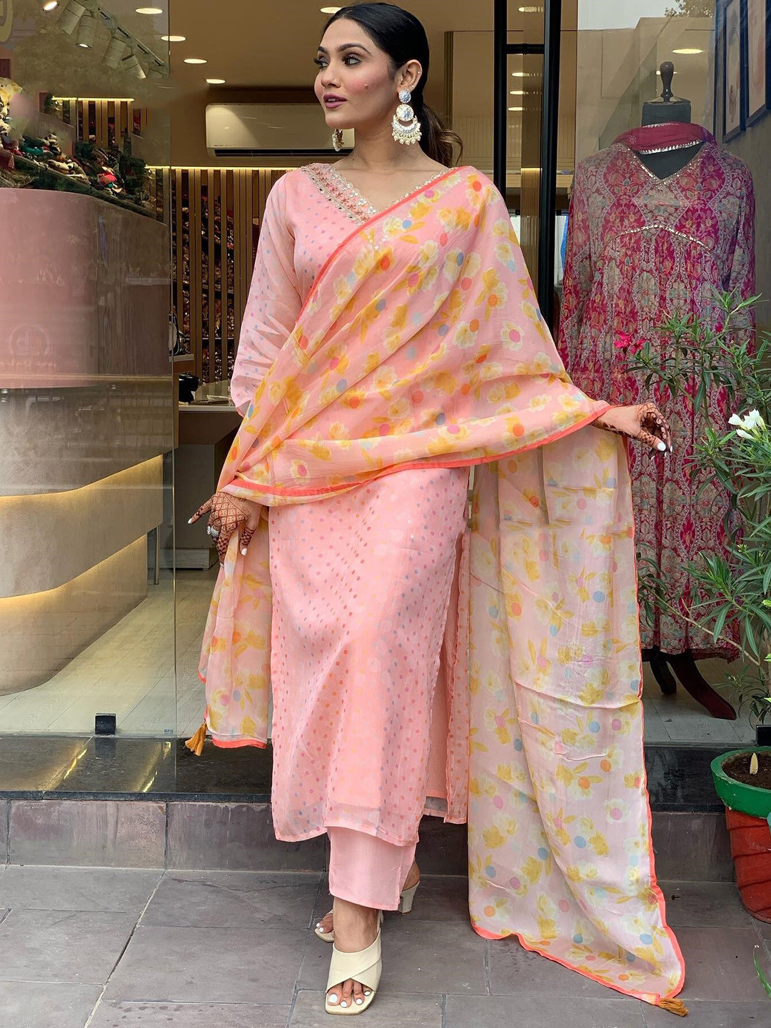 Plus Size Geometric Printed V-Neck Kurta & Salwar With Dupatta main image 1