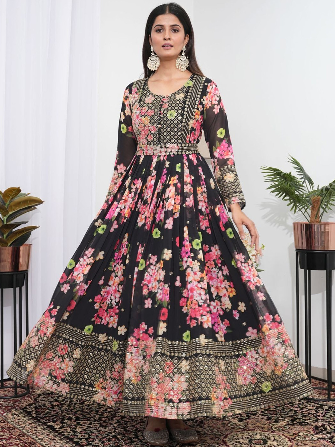 Teal Floral Embroidered Sequinned Fit and Flare Ethnic Dress With Dupatta