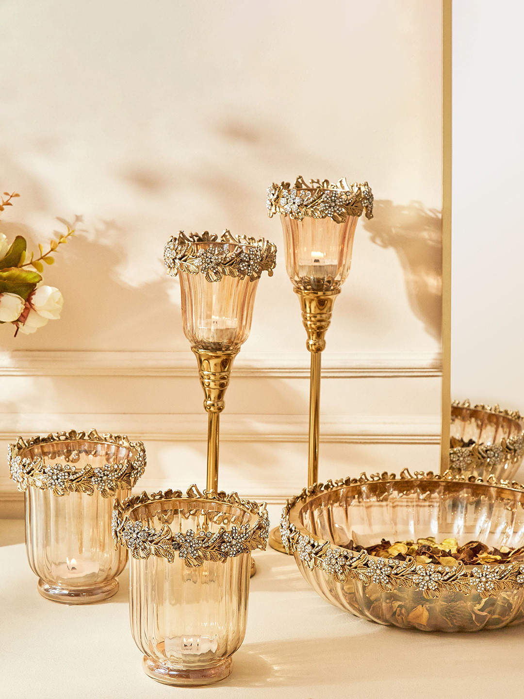 Buy Home Centre Fables Aftyn 2 Pcs Golden Pedestal Glass T Light Candle