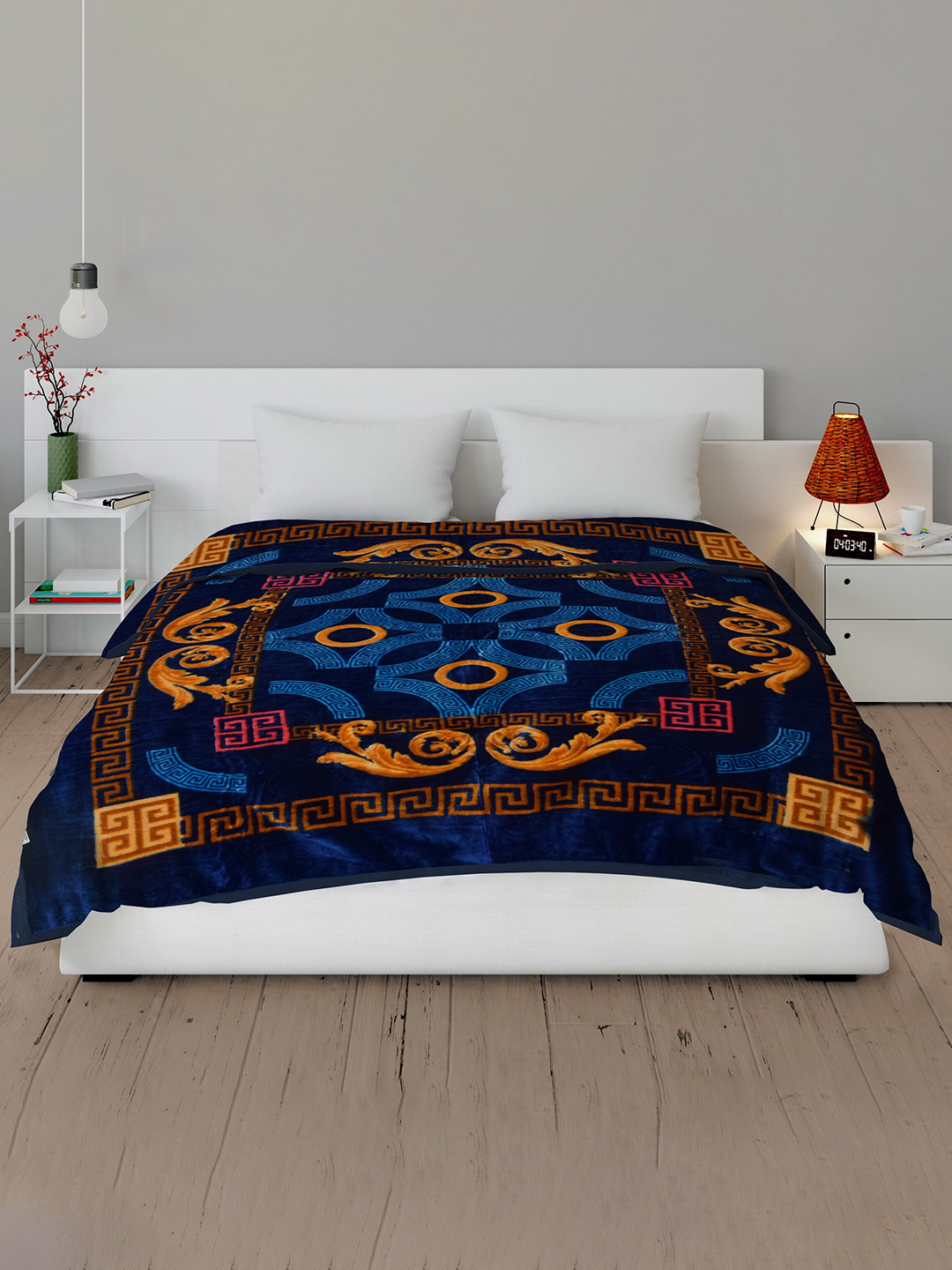 Buy Spangle Blue & Yellow Ethnic Motifs Mink Heavy Winter 450 GSM