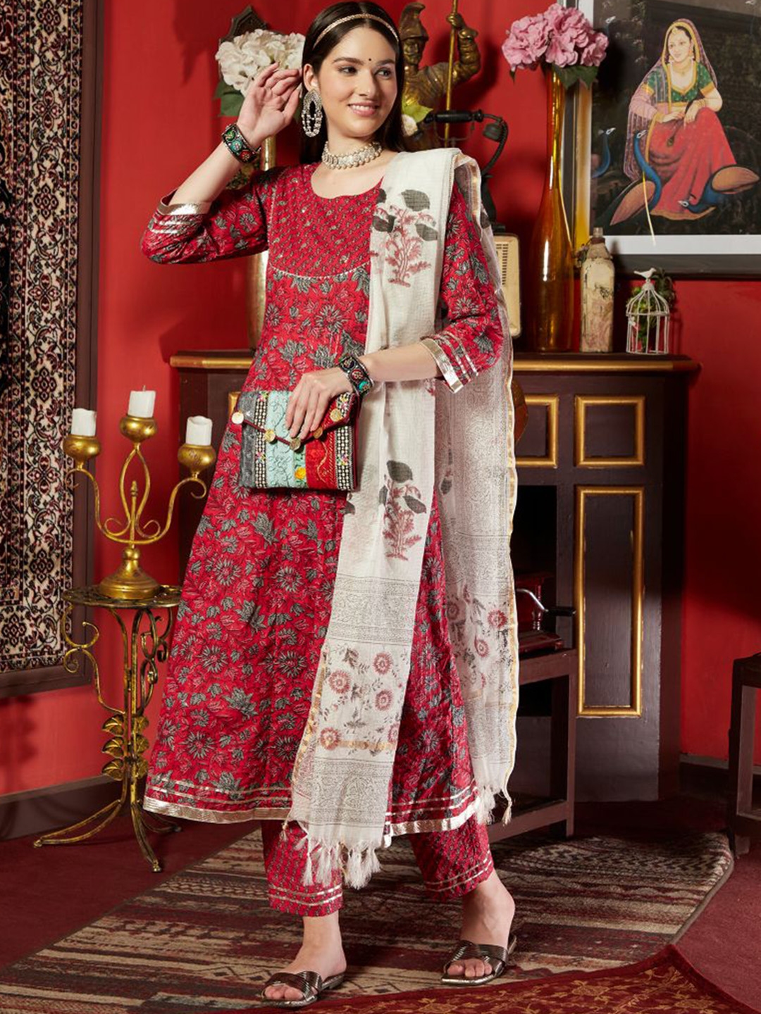 Buy Sangria Pink Floral Printed Mirror Work Pure Cotton A Line Kurta ...