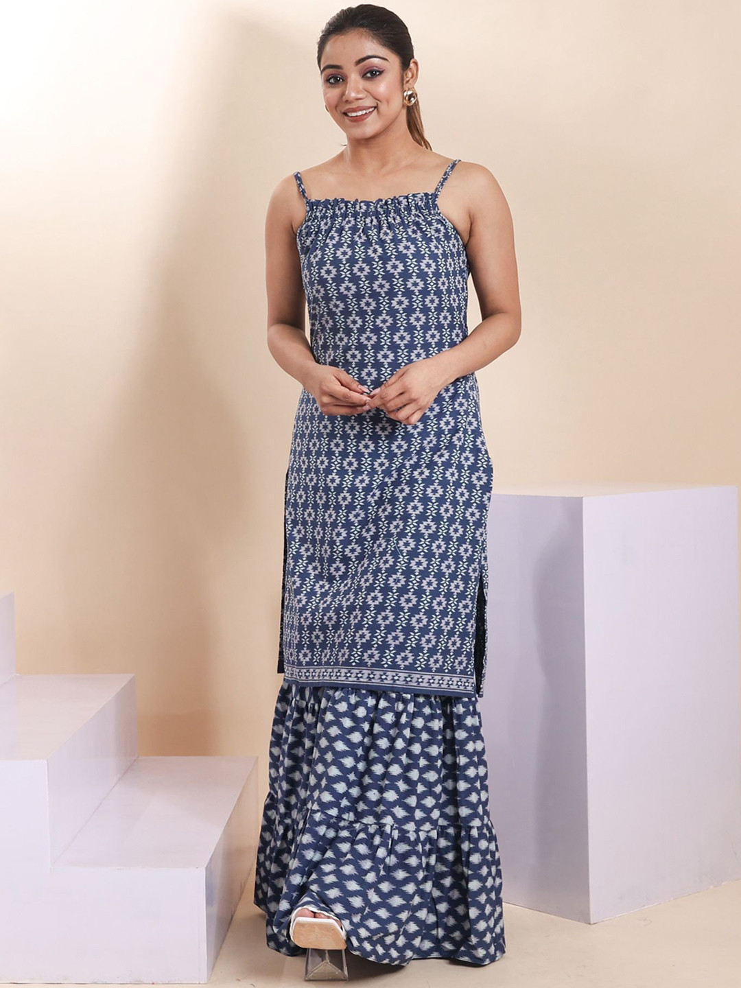 Women Ethnic Motifs Printed Pure Cotton Kurti With Sharara