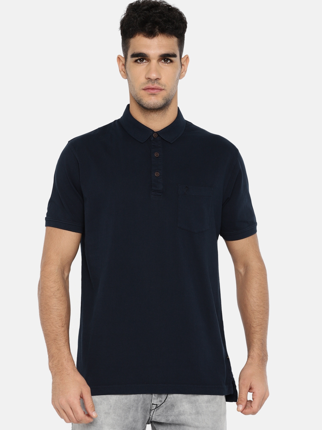 Buy Indian Terrain Men Navy Blue Solid Polo Collar Pure Cotton T Shirt ...