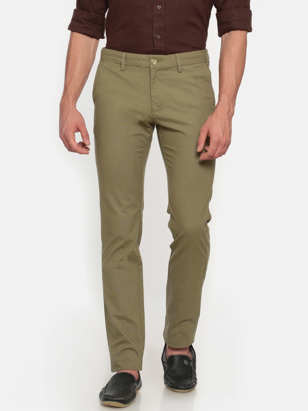 Buy Indian Terrain Men Green Brooklyn Slim Fit Solid Regular Trousers ...