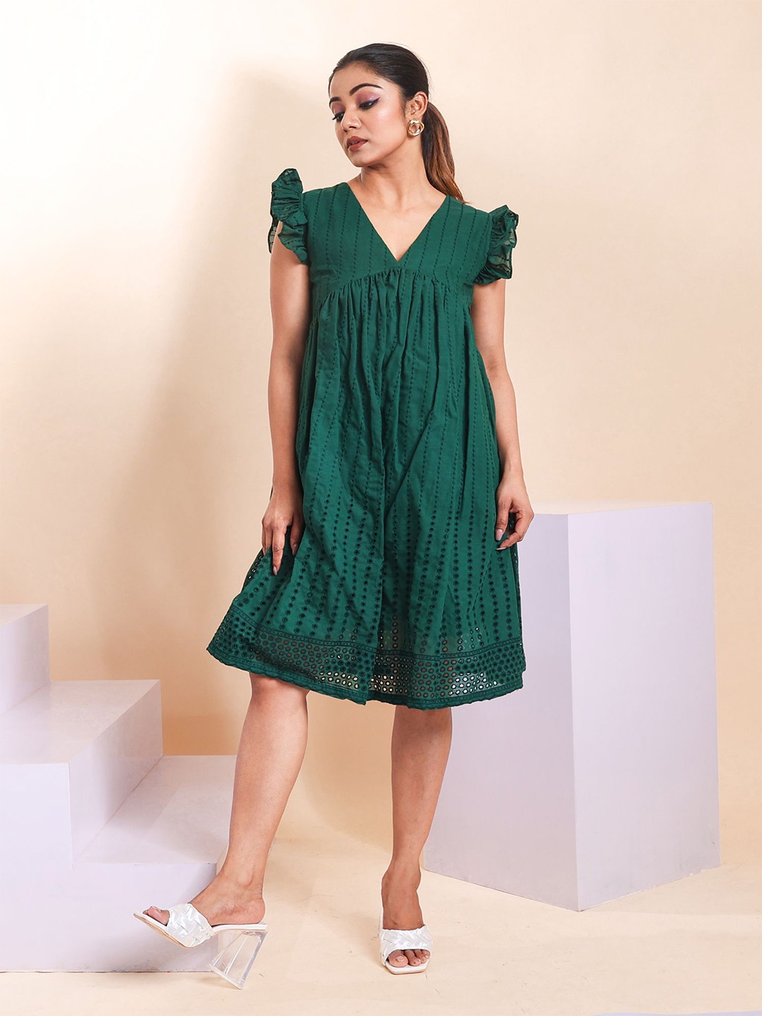 Buy Disli Self Design V Neck Cotton Pleated A Line Hakoba Dress - Dresses for Women 25281808