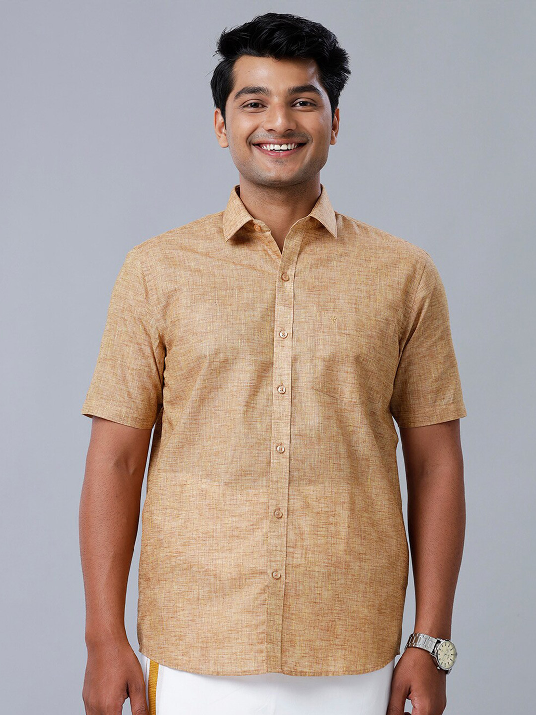 Brown - Natural Dyed Block Print Cotton Men Half Sleeve Bagru Shirt 05