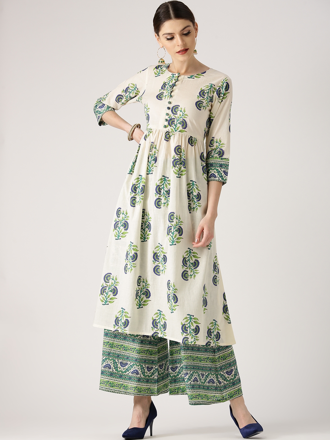Buy Libas Women Off White & Green Printed A Line Kurta With Palazzos ...