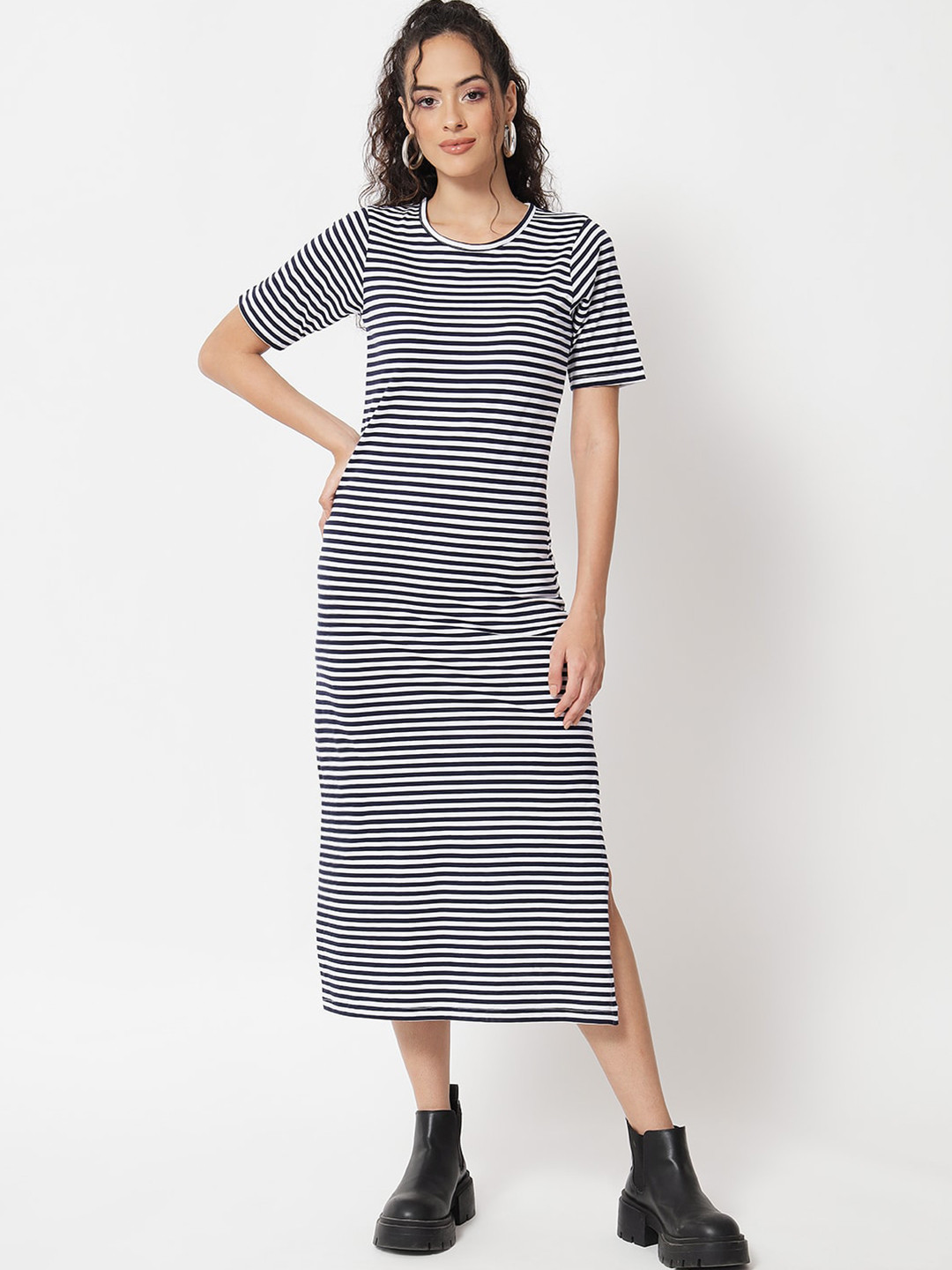 Women Red Striped Striped Shirt Collar Cotton A-Line Dress