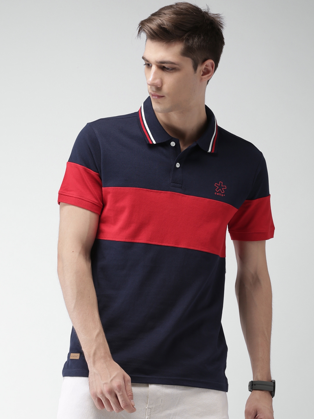 Buy Celio Men Navy Red Colourblocked Polo Collar Pure Cotton T Shirt ...