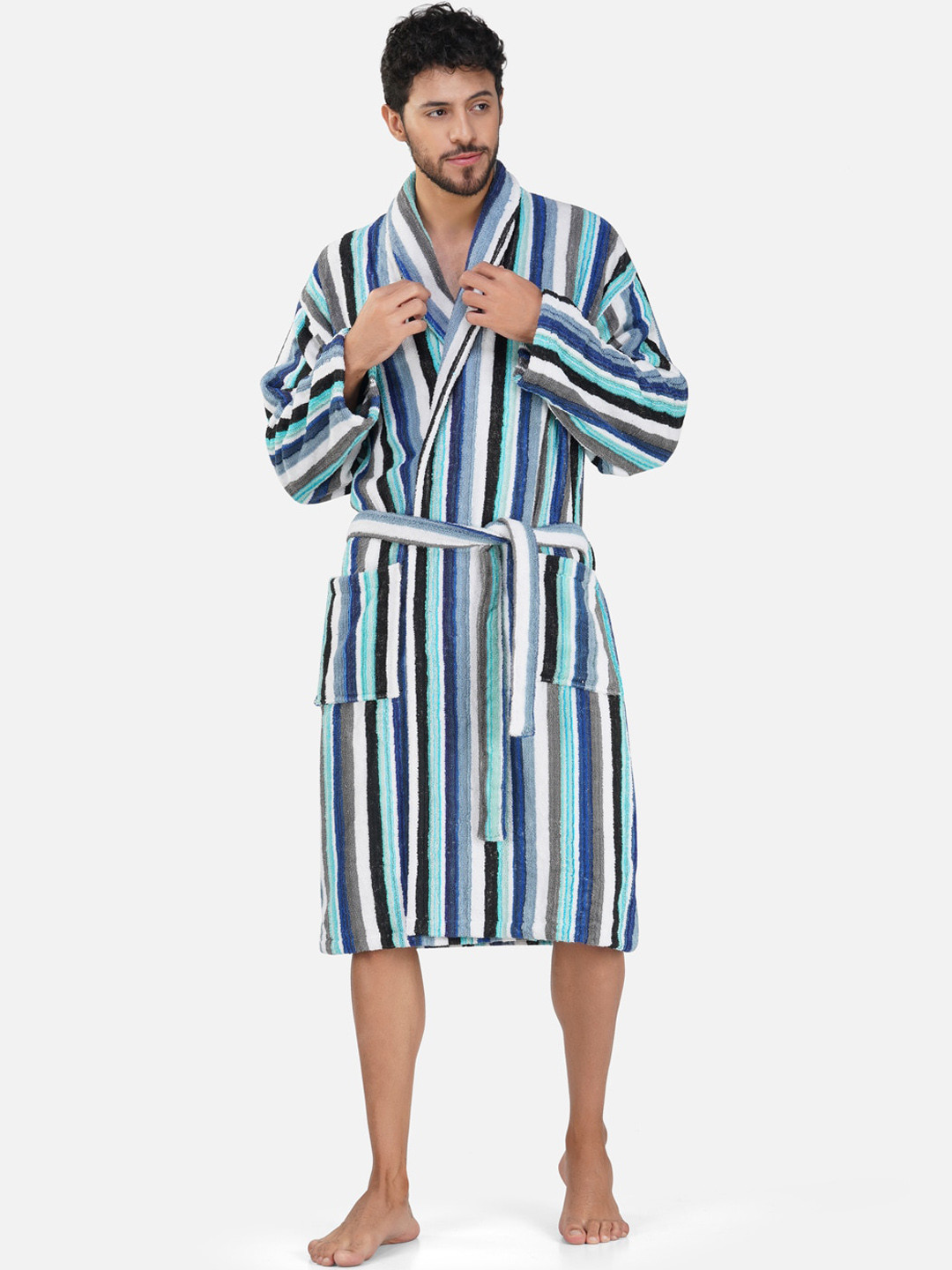 Buy RANGOLI Men Pinstriped Cotton Bath Robe Bath Robe for Men