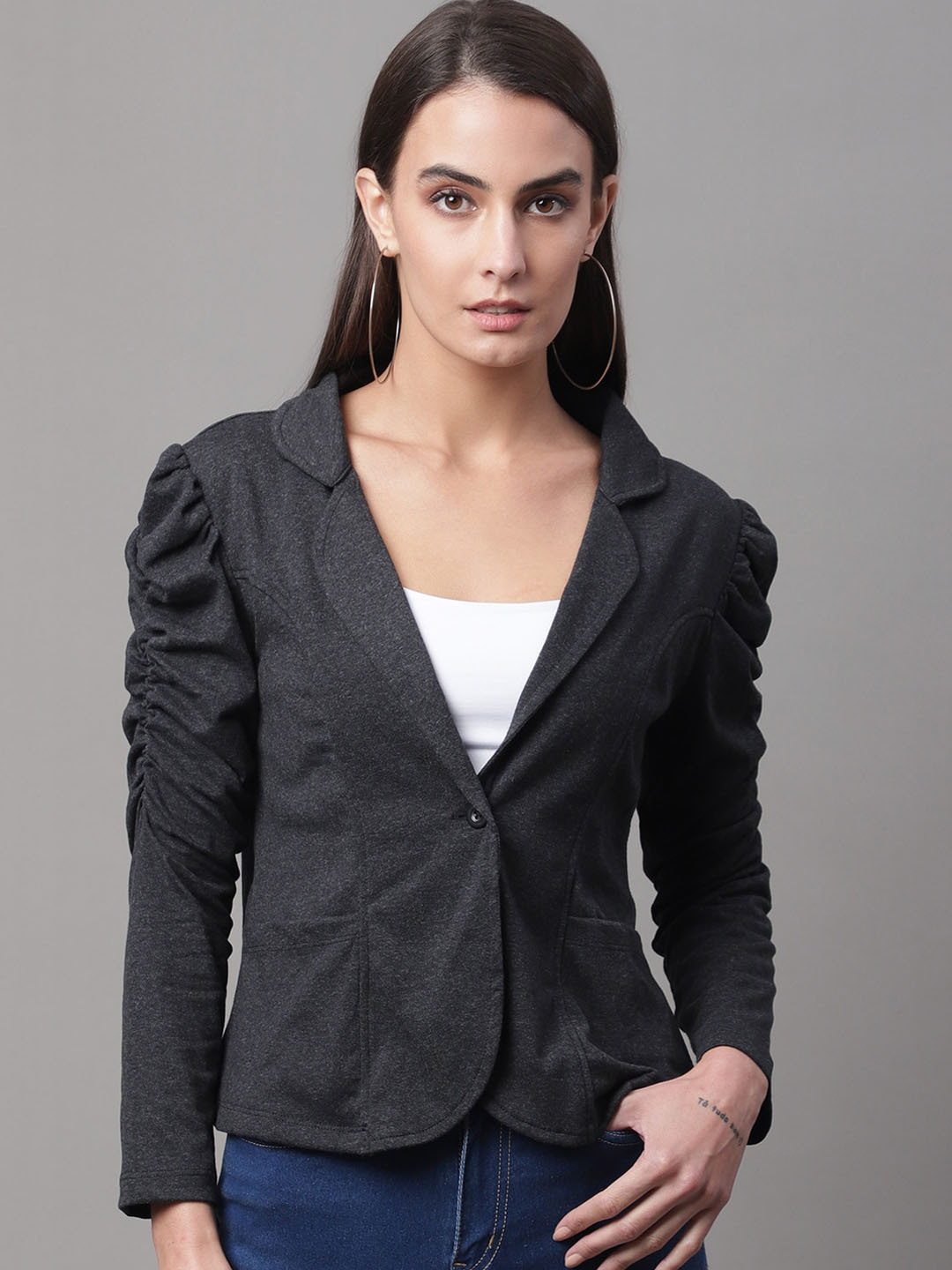 Women's Solid Grey Lapel Collar Tailored Jacket with Fabric Belt and WristBelt