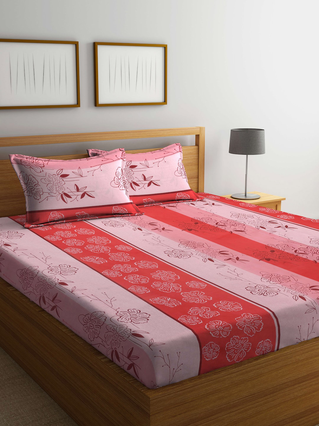 Buy BOMBAY DYEING Red & Pink Floral Cotton 104 TC King Bedsheet With 2