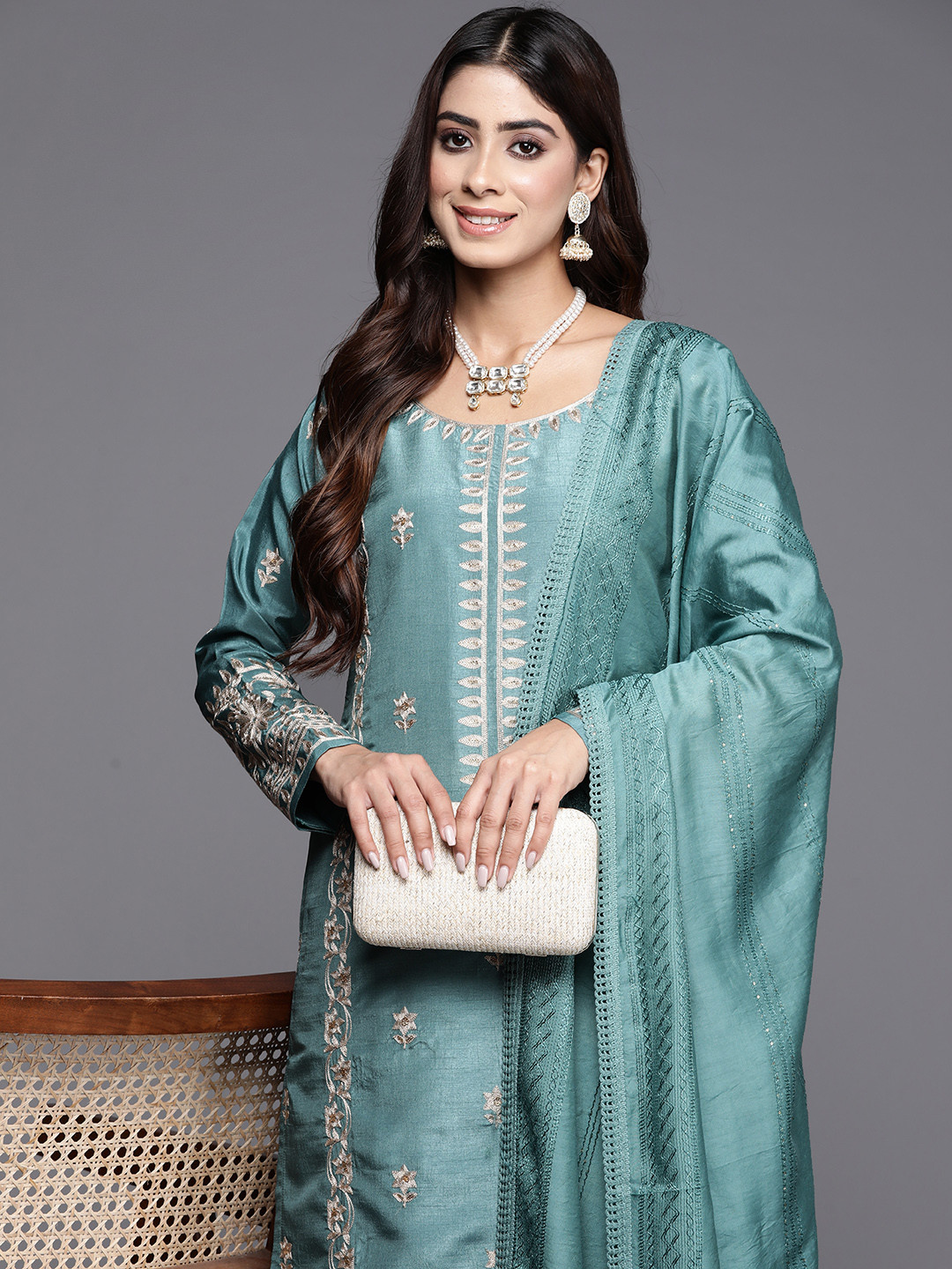 Buy Libas Floral Embroidered Regular Beads & Stones Kurta With Trousers