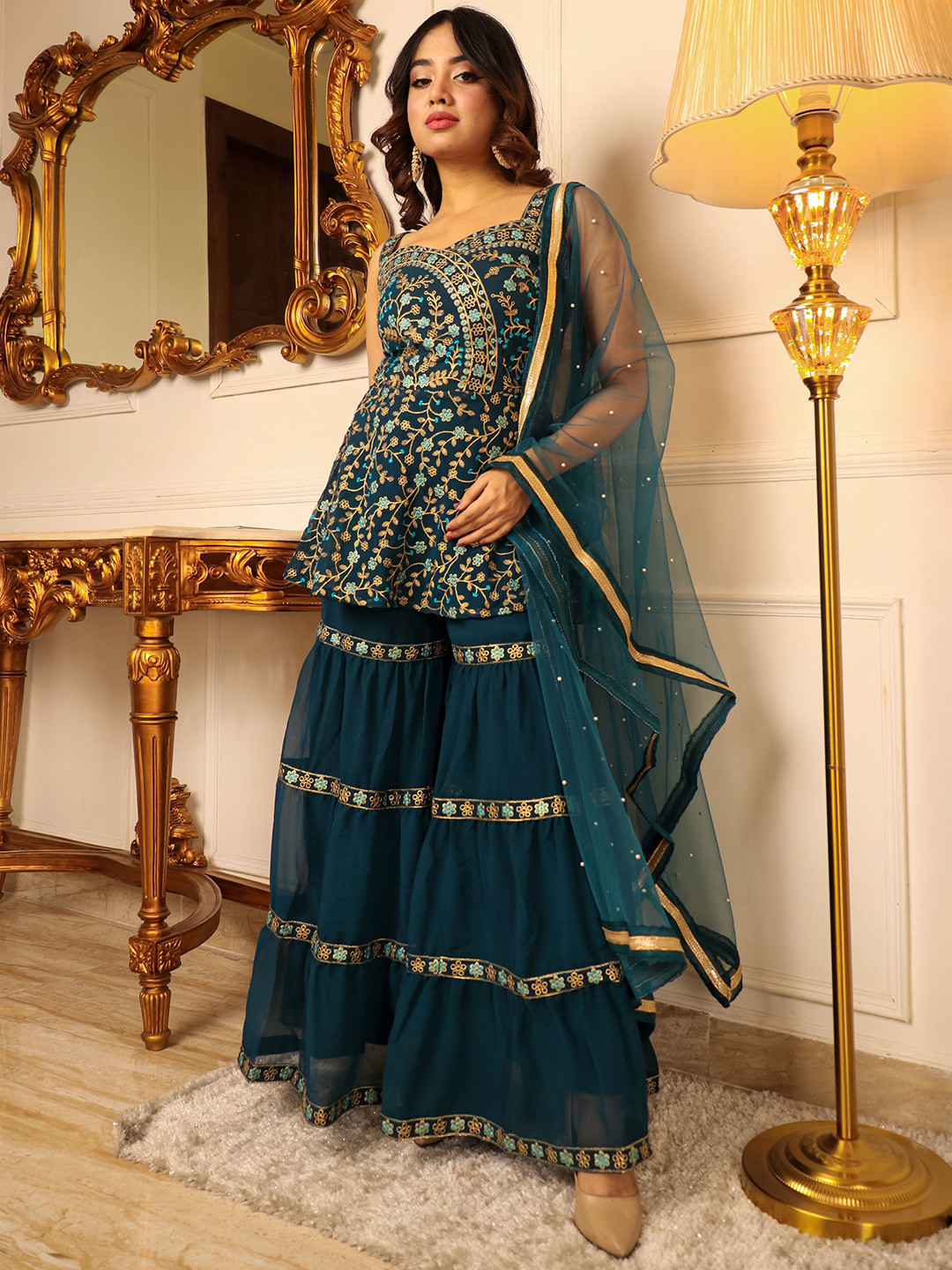 Girls Floral Embroidered Empire Thread Work Kurta With Sharara & With Dupatta