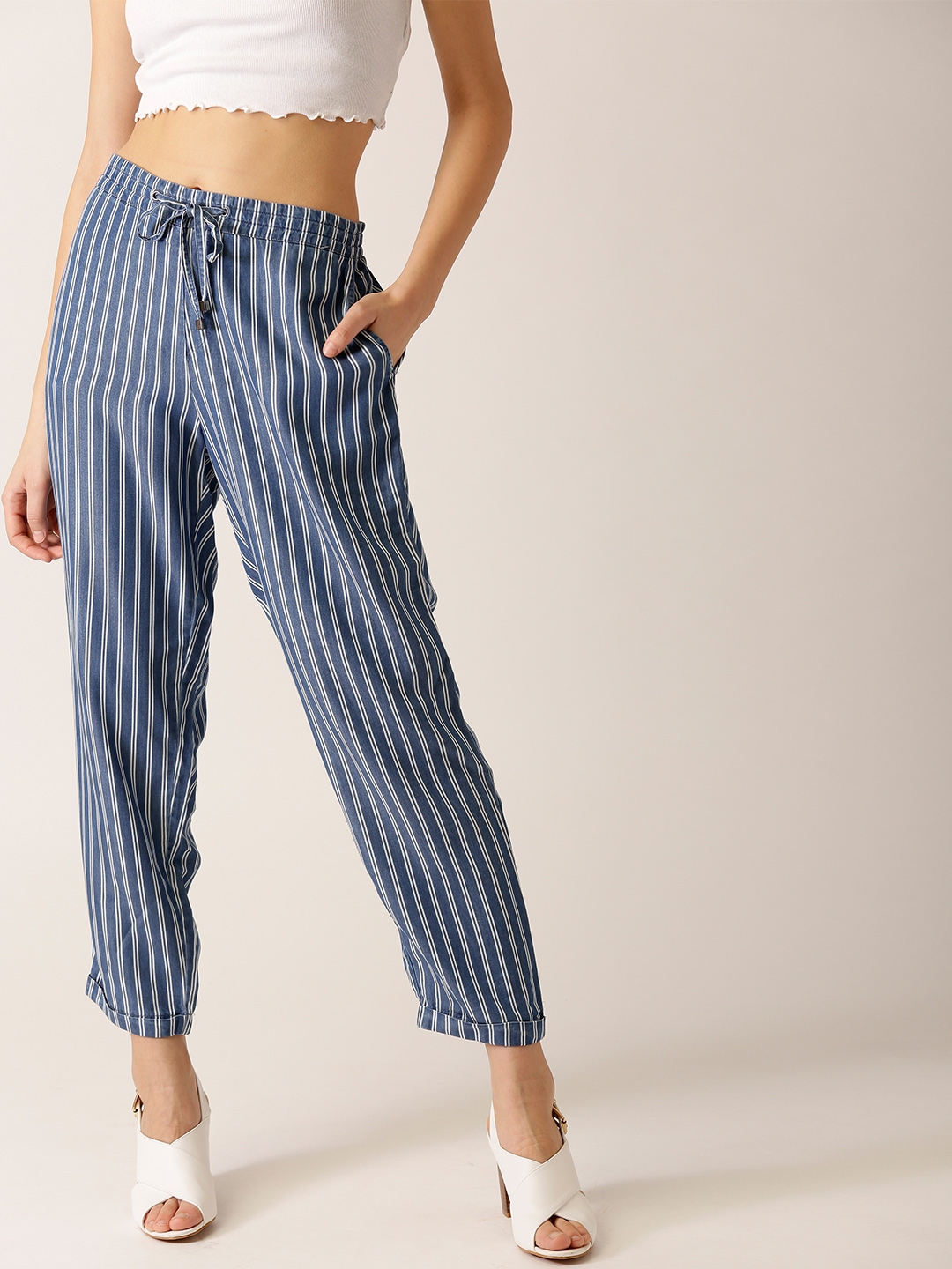 blue and white striped trousers