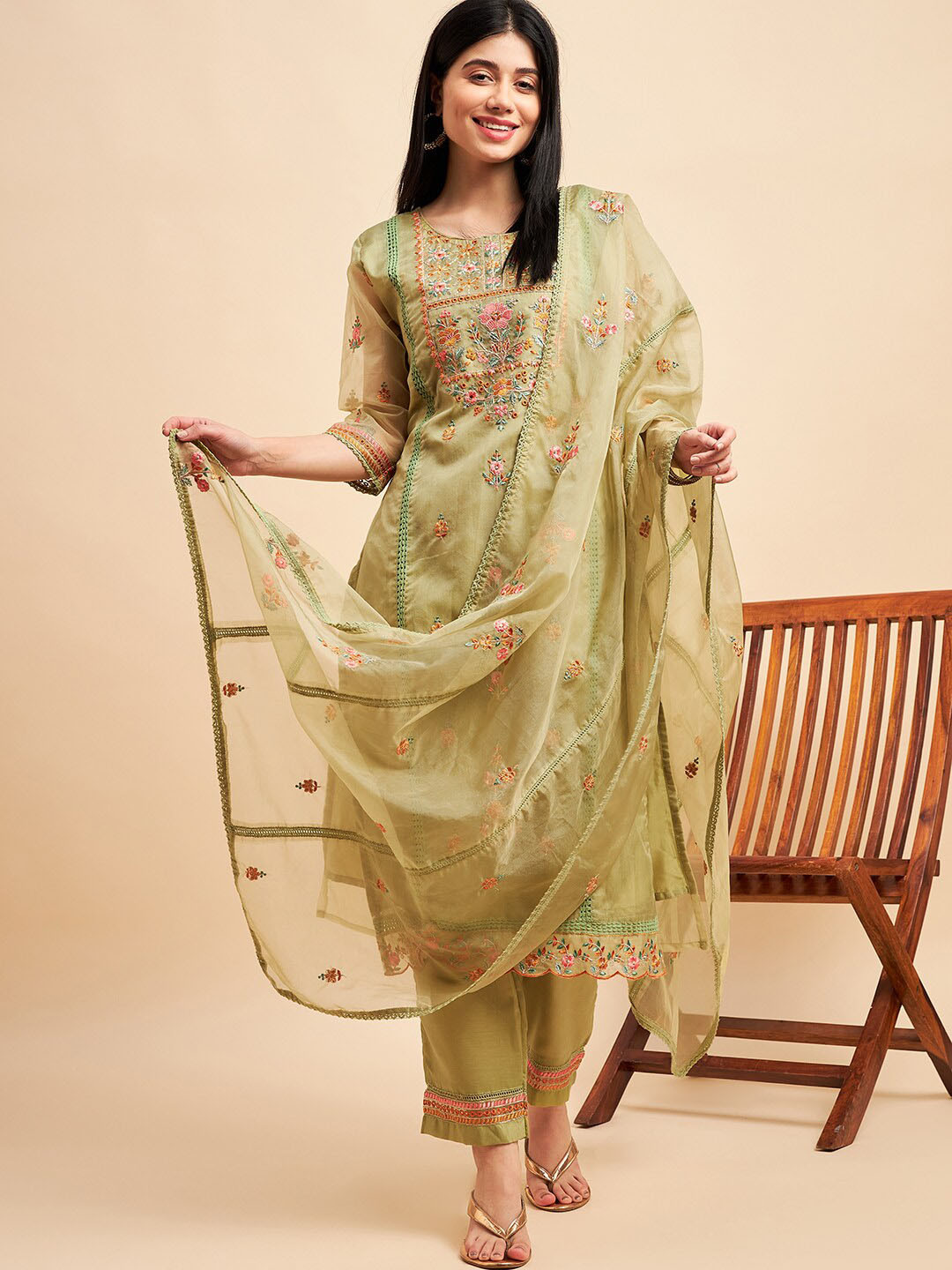 Sea Green Embroidered Organza Straight Kurta Sets With Dupatta