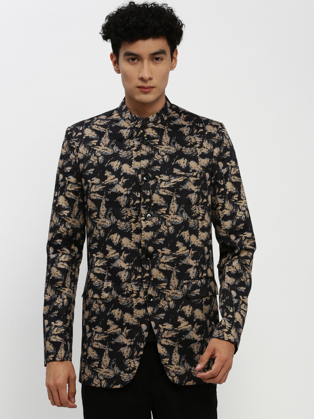 Men's White Printed Single-Breasted Bandhgala Blazer