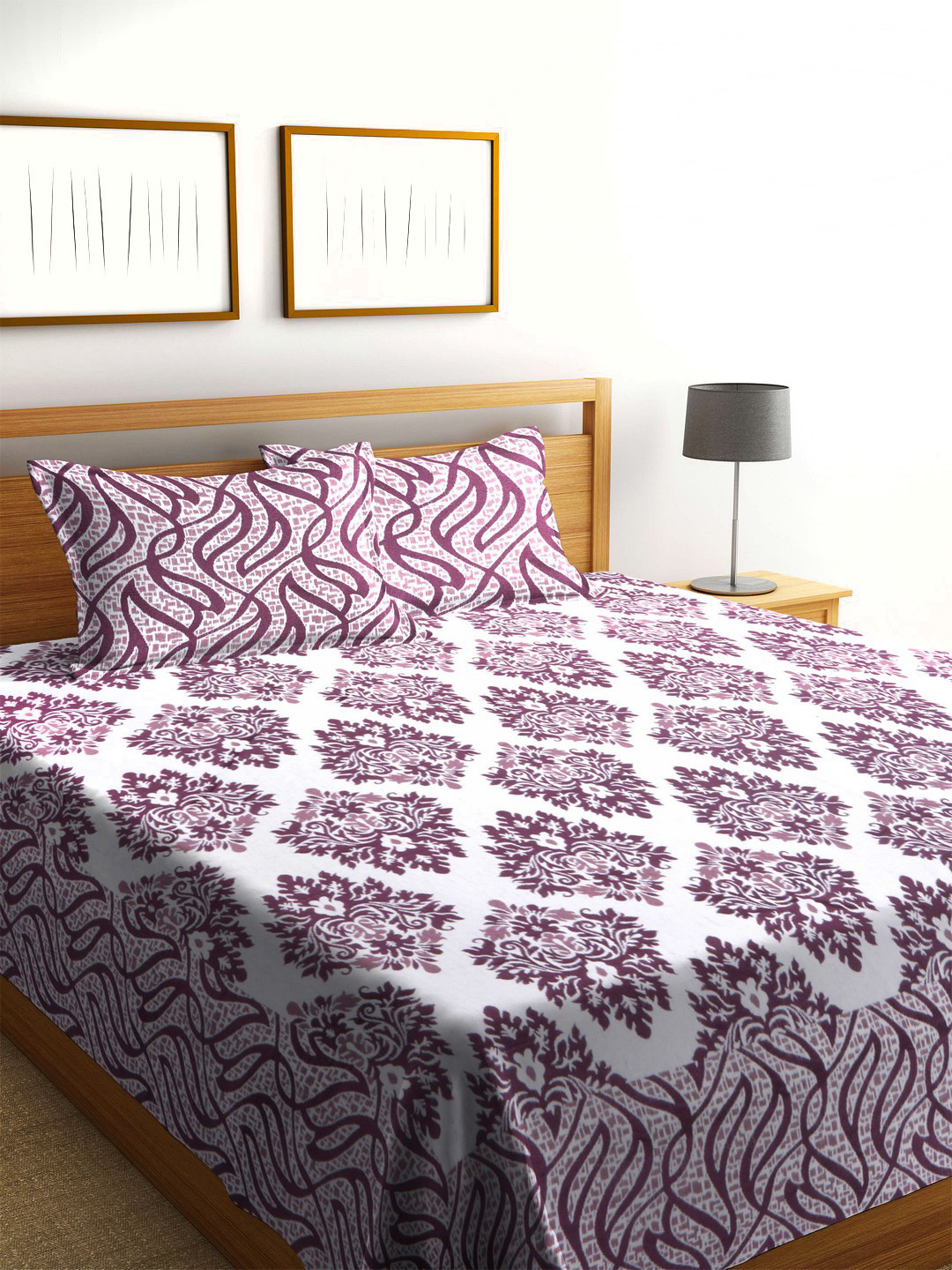 Buy ROMEE White & Purple Polycotton Woven Reversible Double Bed Cover