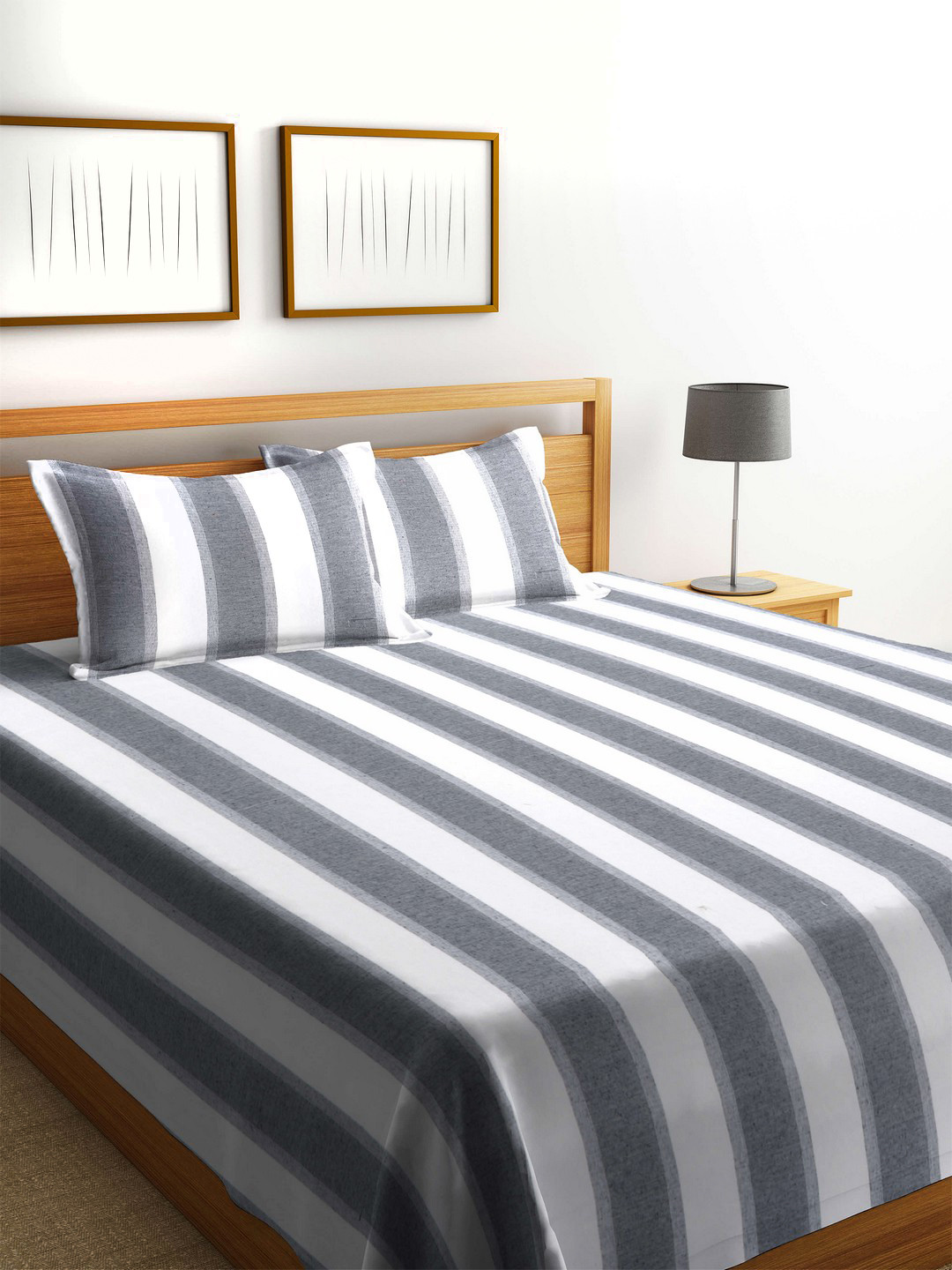 Buy ROMEE White & Grey Striped Cotton Double Bed Cover With 2 Pillow