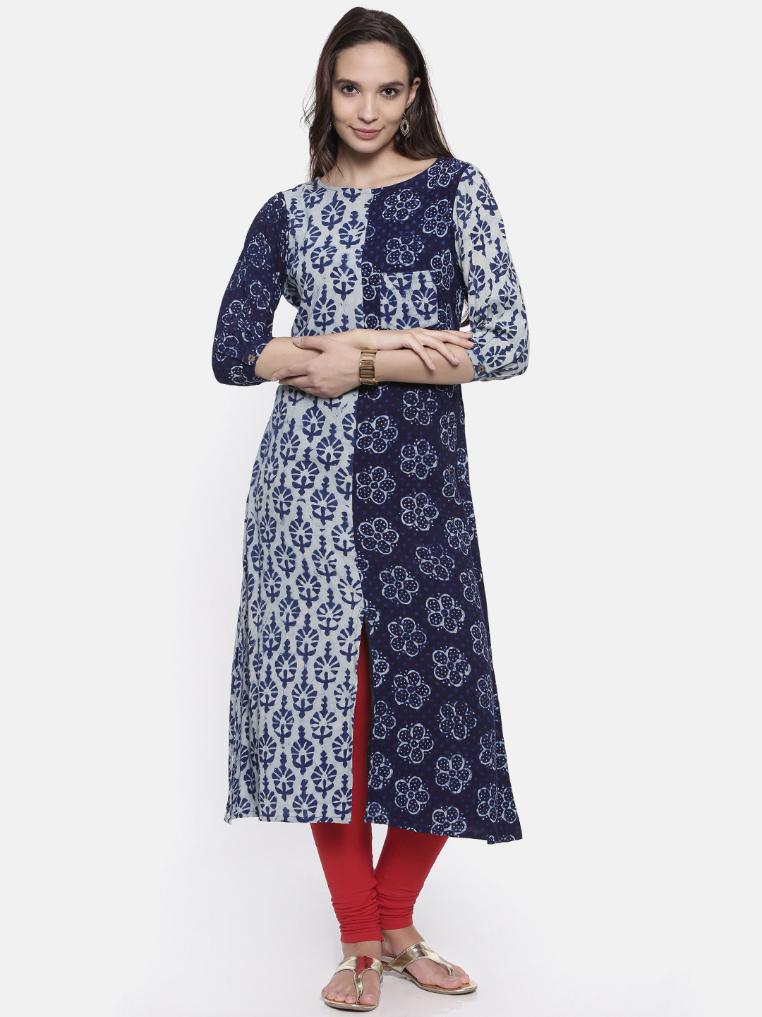 Women Blue Printed Half Sleeve Cotton A-Line Kurta main image 0