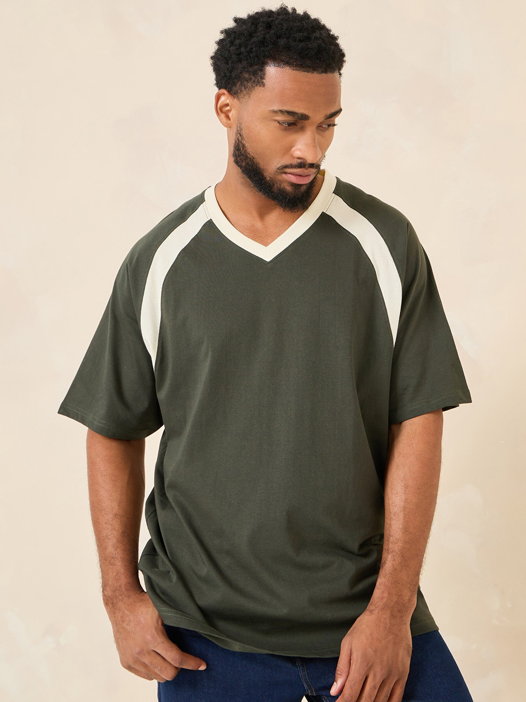 Buy Styli Olive Green V Neck Cotton Oversized T Shirt - Tshirts for Men ...