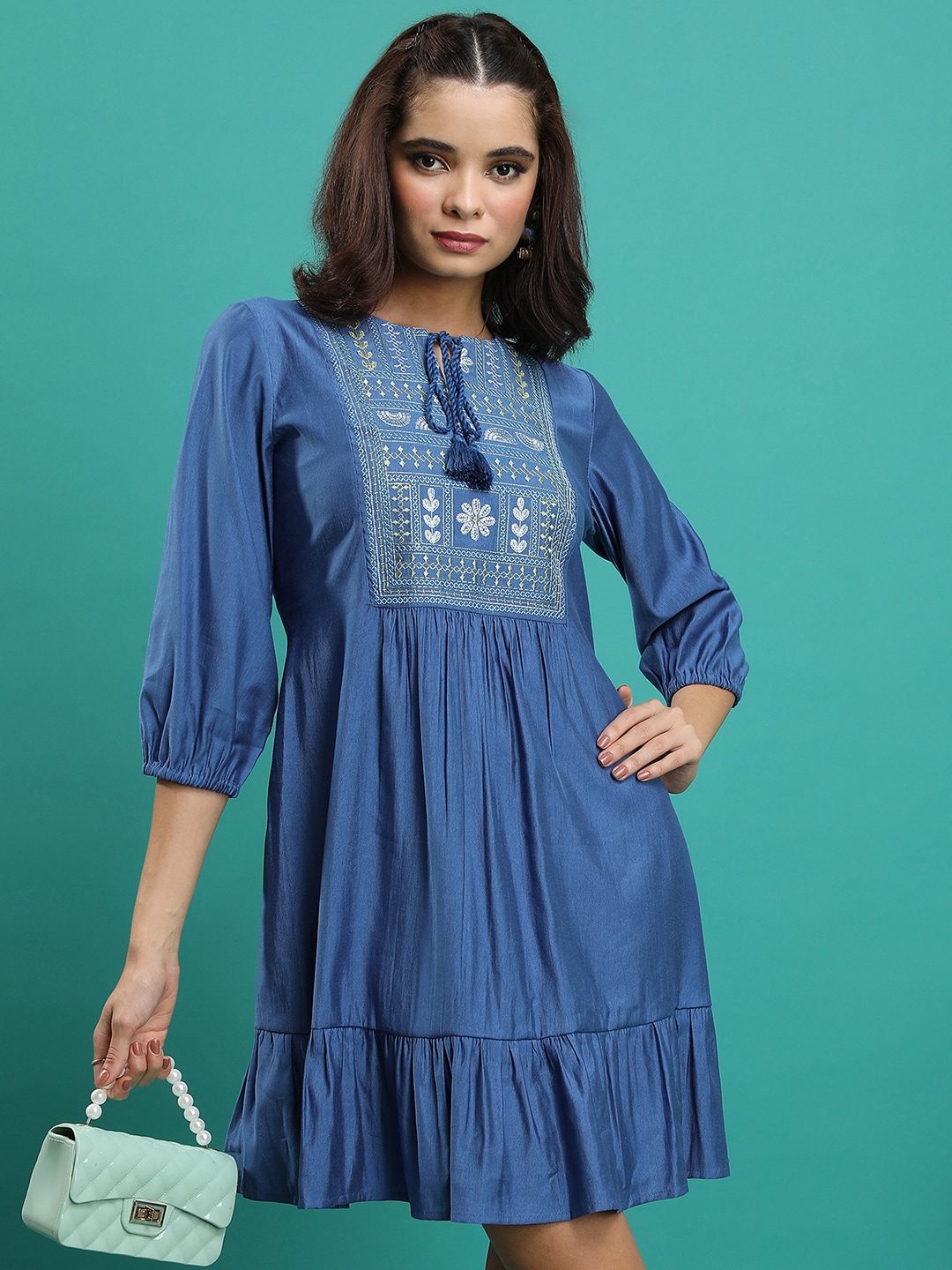 Buy Vishudh Embroidered Tie Up Neck Puff Sleeves Gathered A Line Dress ...