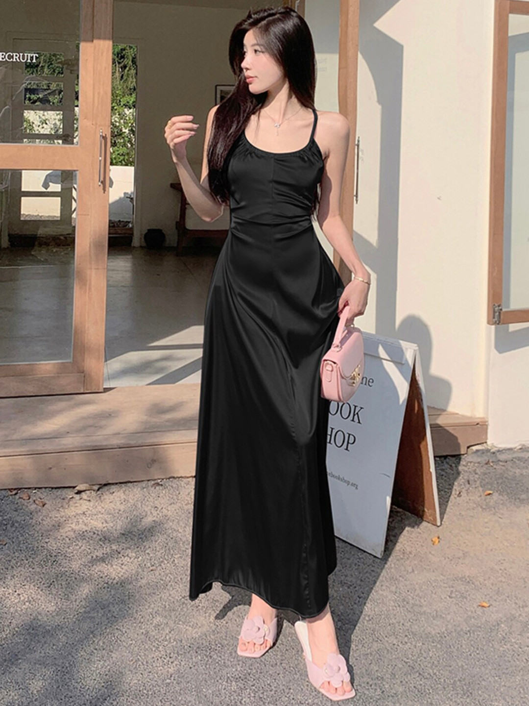 Monochrome Charm Shoulder Strap Maxi Dress