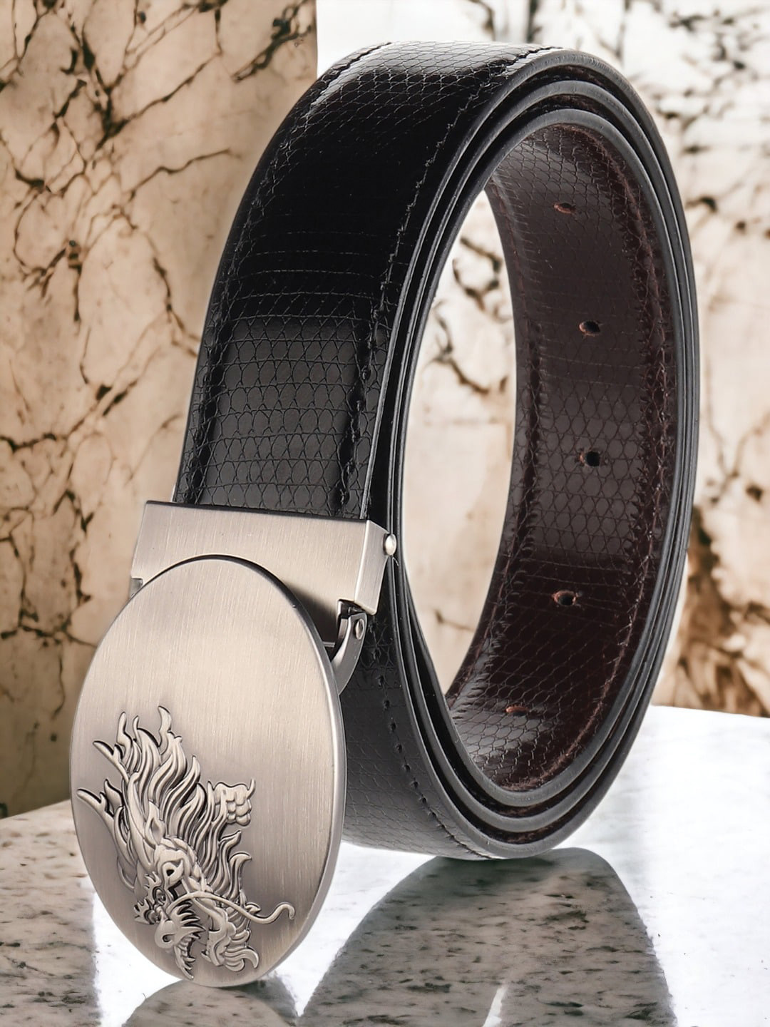 Buy The Roadster Lifestyle Co. Men Black Textured Hook Buckle Belt