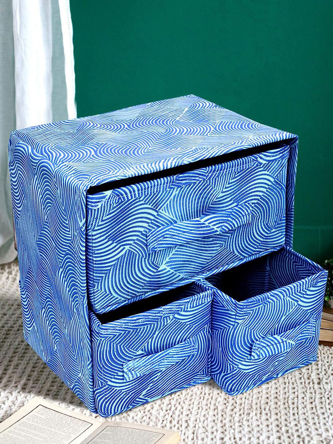 Buy Kuber Industries Blue Leheriya Printed 3 Drawyer Foldable Drawer ...