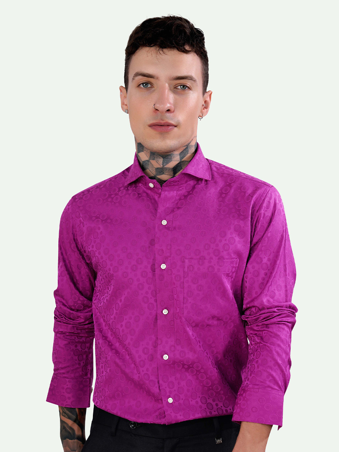 Buy FRENCH CROWN Standard Geometric Self Design Spread Collar Cotton