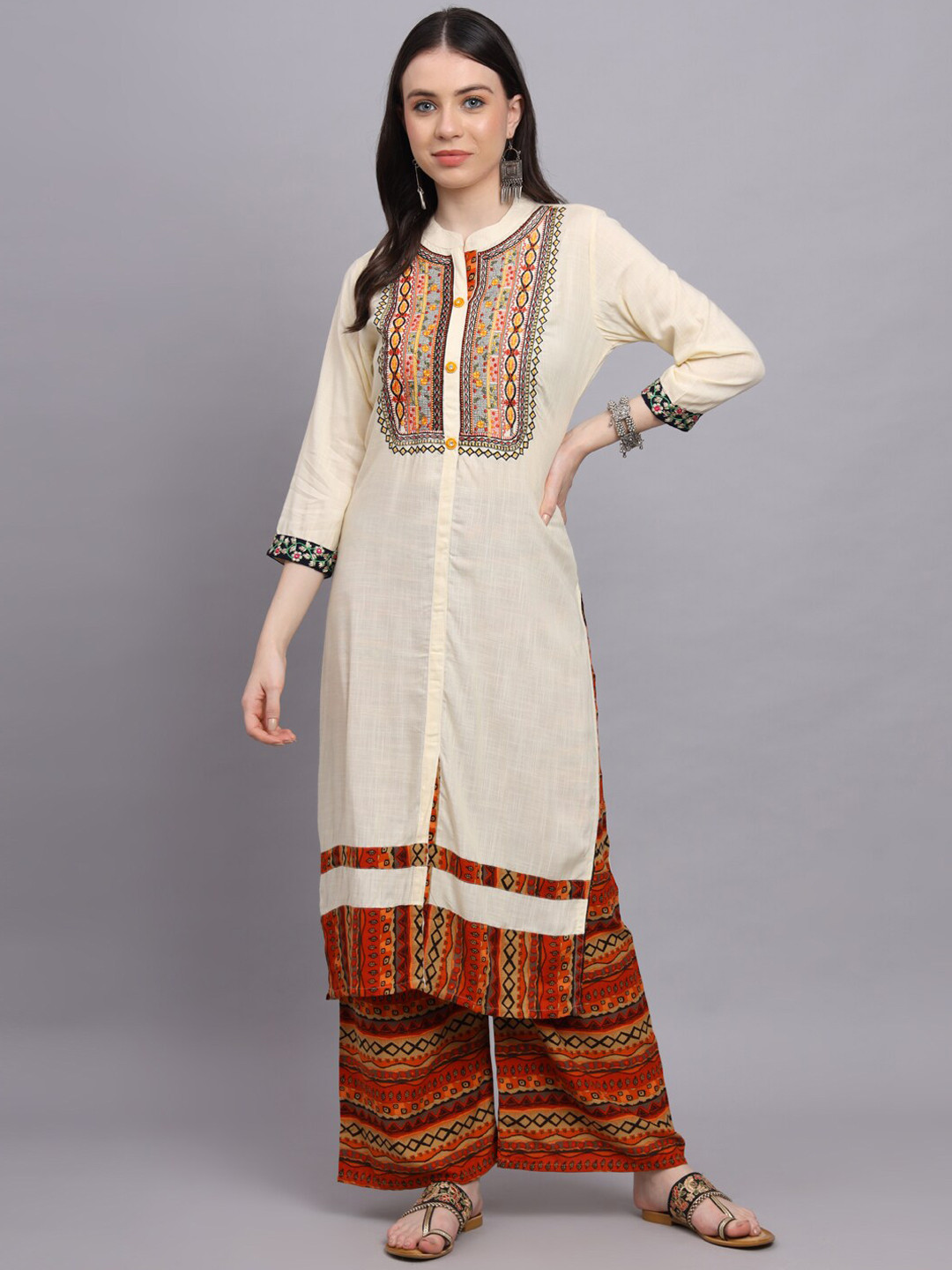 Women Cream-Coloured & Orange Printed Kurta With Palazzos main image 0