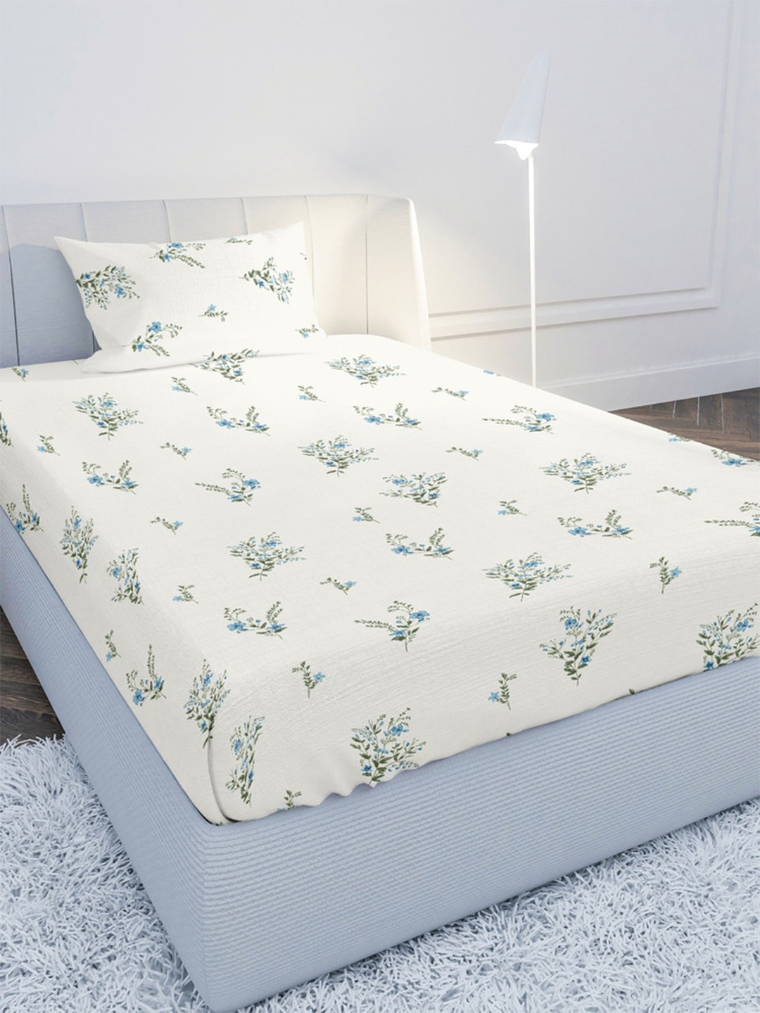 Buy MAYFAIR HOMES LONDON White & Blue Floral 120 TC Single Bedsheet