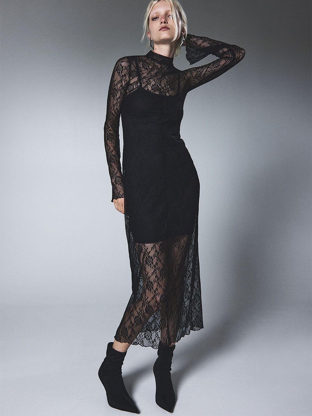 Lace Up Detail Sparkly Mesh Dress Black  HV9556 main image 0