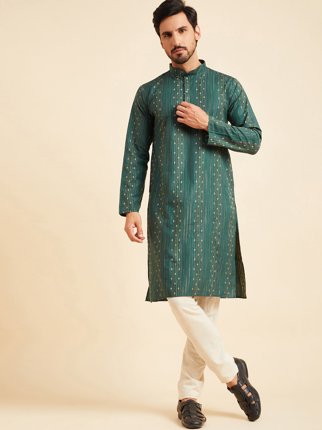 Men Green & White Woven Design Kurta Only