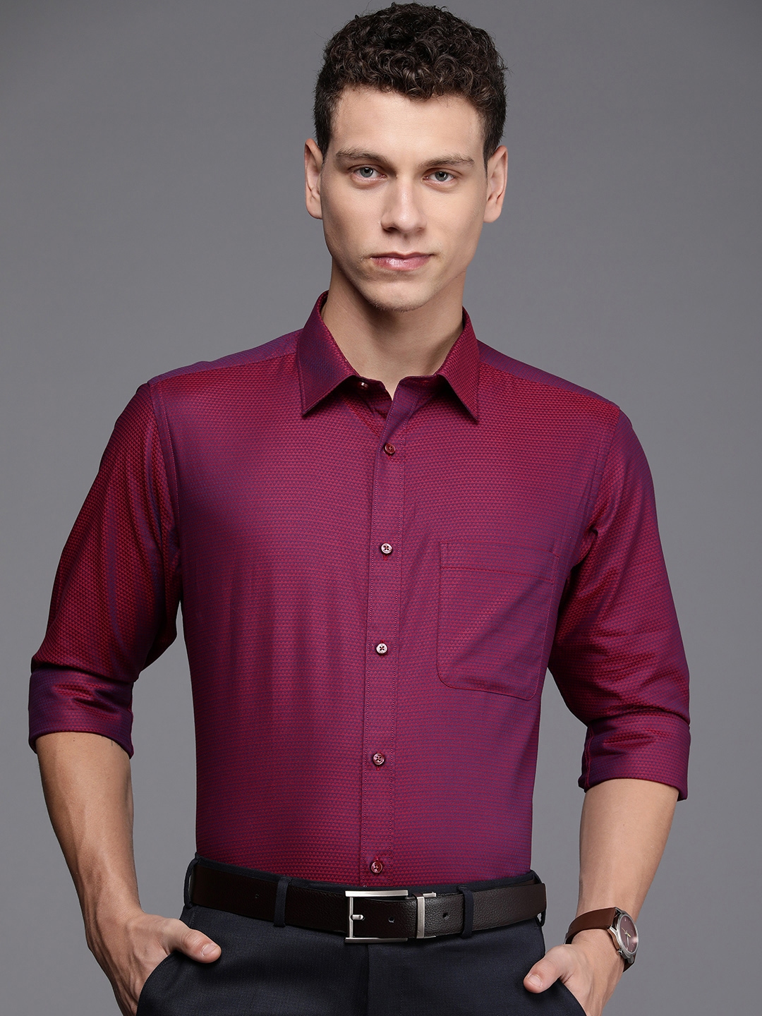 Buy Raymond Pure Cotton Self Design Slim Fit Textured Formal Shirt ...