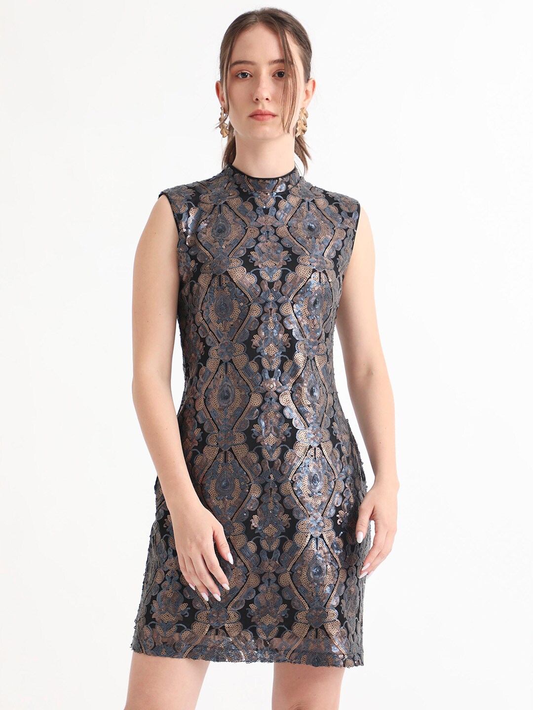 Buy RAREISM High Neck Sleeveless Sequin Embellished Sheath Above Knee ...