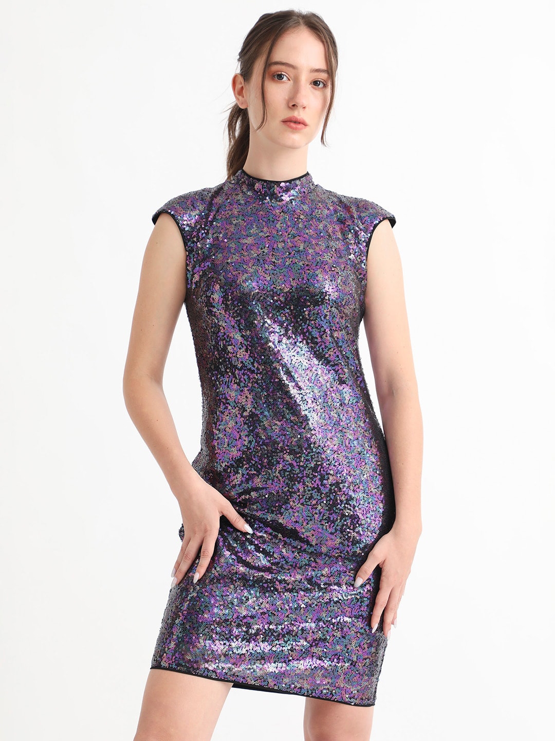 Buy RAREISM High Neck Sleeveless Sequin Embellished Sheath Above Knee ...