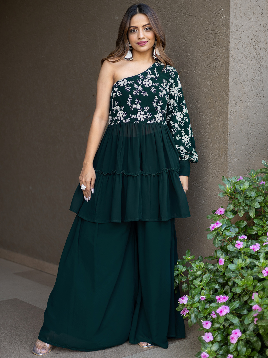 Women Indo Western Floral Printed One shoulder Neck Tunic With Flared Palazzos Co-Ords Set
