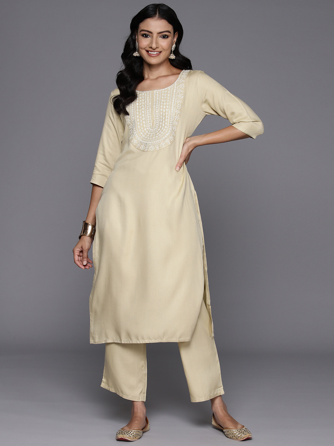 Women Beige Yoke Design Kurta Set
