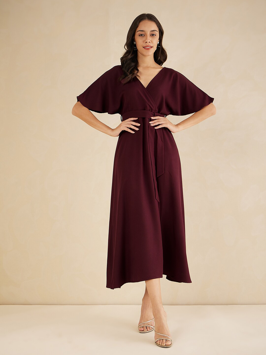 Buy FEMMELLA V Neck Flared Sleeves A Line Dress Comes With A Belt ...