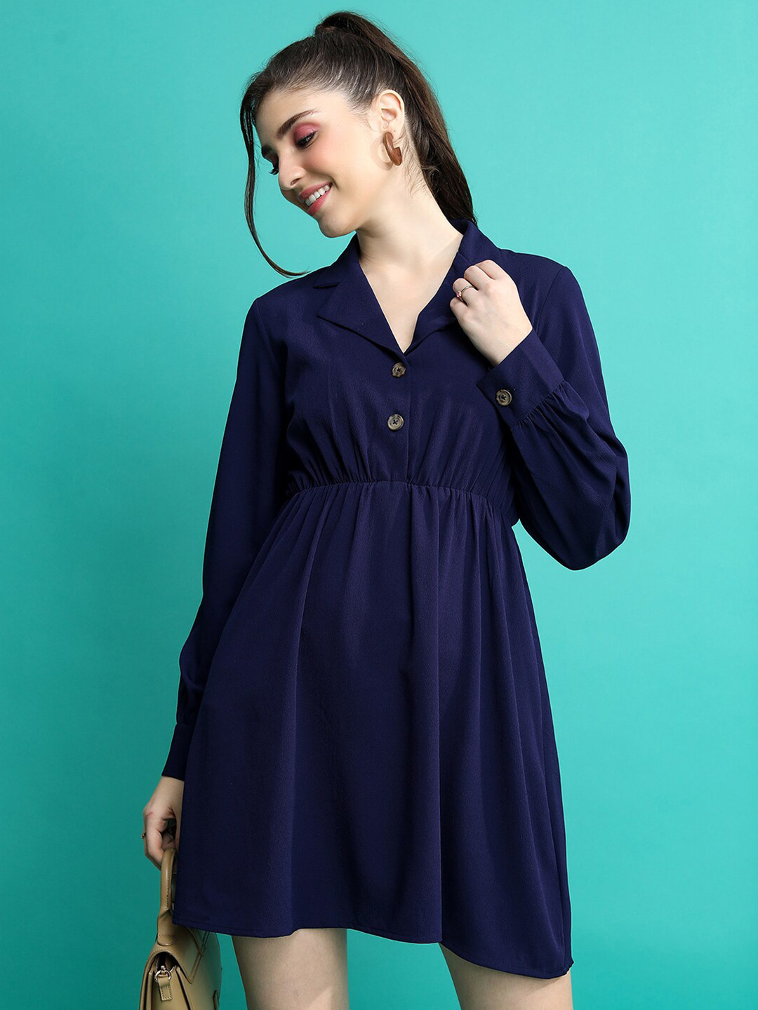 NAVY PLEATED FLARE DRESS main image 0