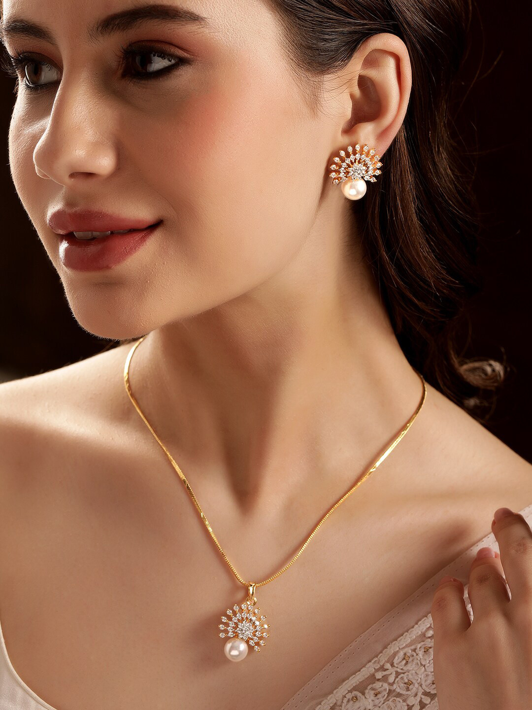 Gold-Plated Ruby Kundan & Cubic Zirconia Studded Necklace Set with Pearl Beads