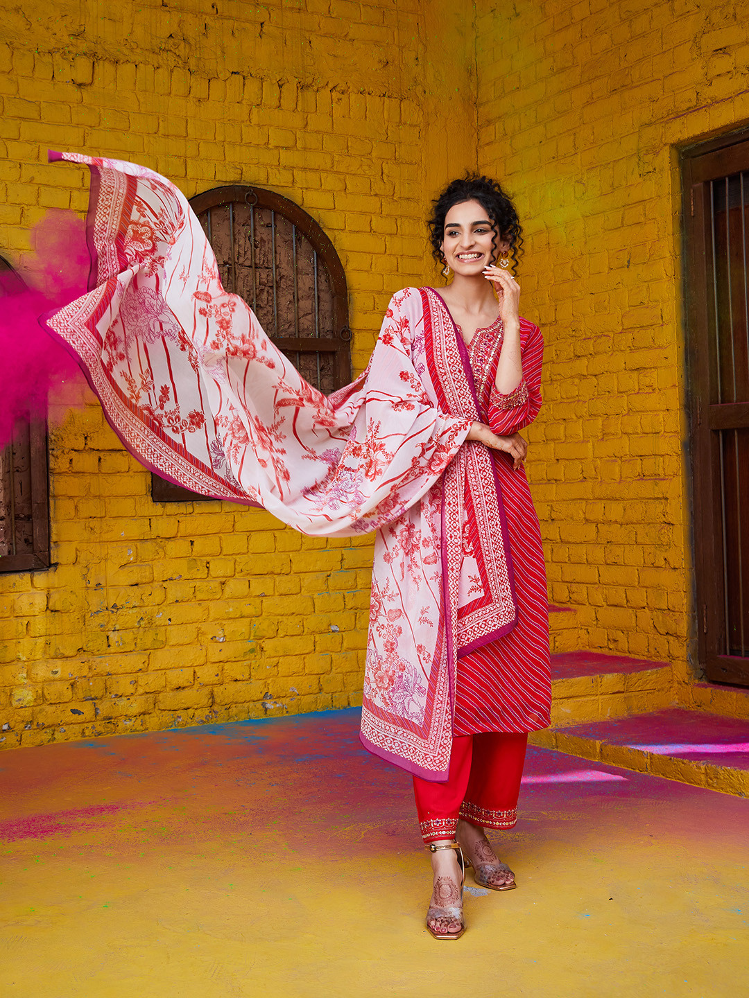 Buy Biba Leheriya Printed Beads And Stones Regular Kurta With Palazzos