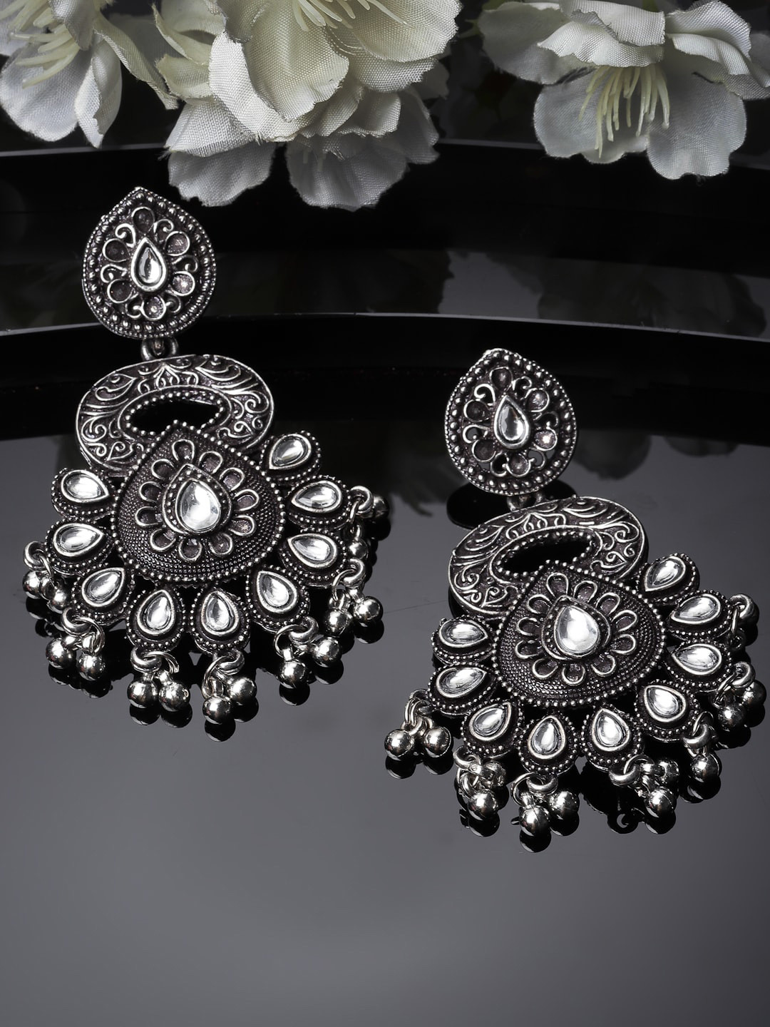 Gold-Plated Kundan Studded Contemporary Drop Earrings