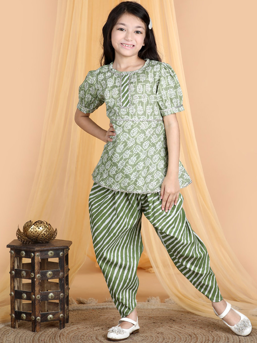 Girls Printed High Slit Gotta Patti Kurta With Dhoti Pants & With Dupatta