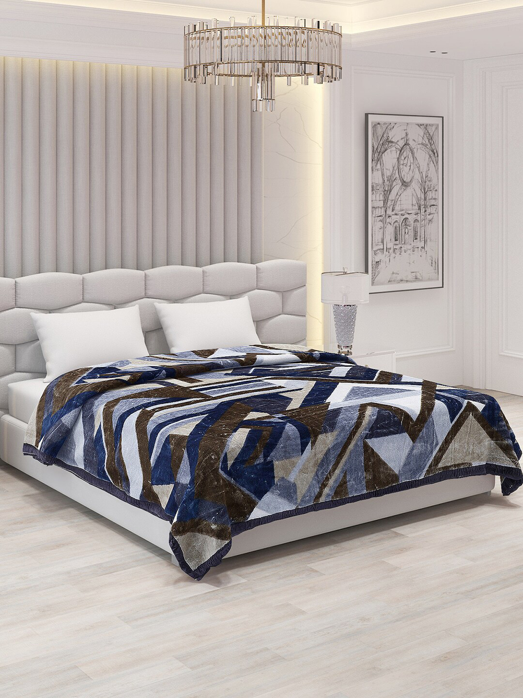 Buy Monte Carlo Blue & White Geometric Heavy Winter Double Bed Blanket
