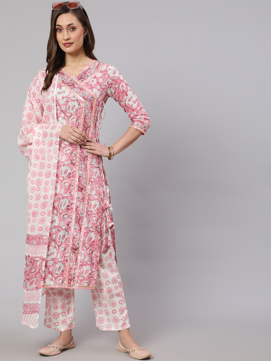 Graceful Pink Cotton Floral Printed & Embroidered Angrakha Fit Kurta Set With Dupatta