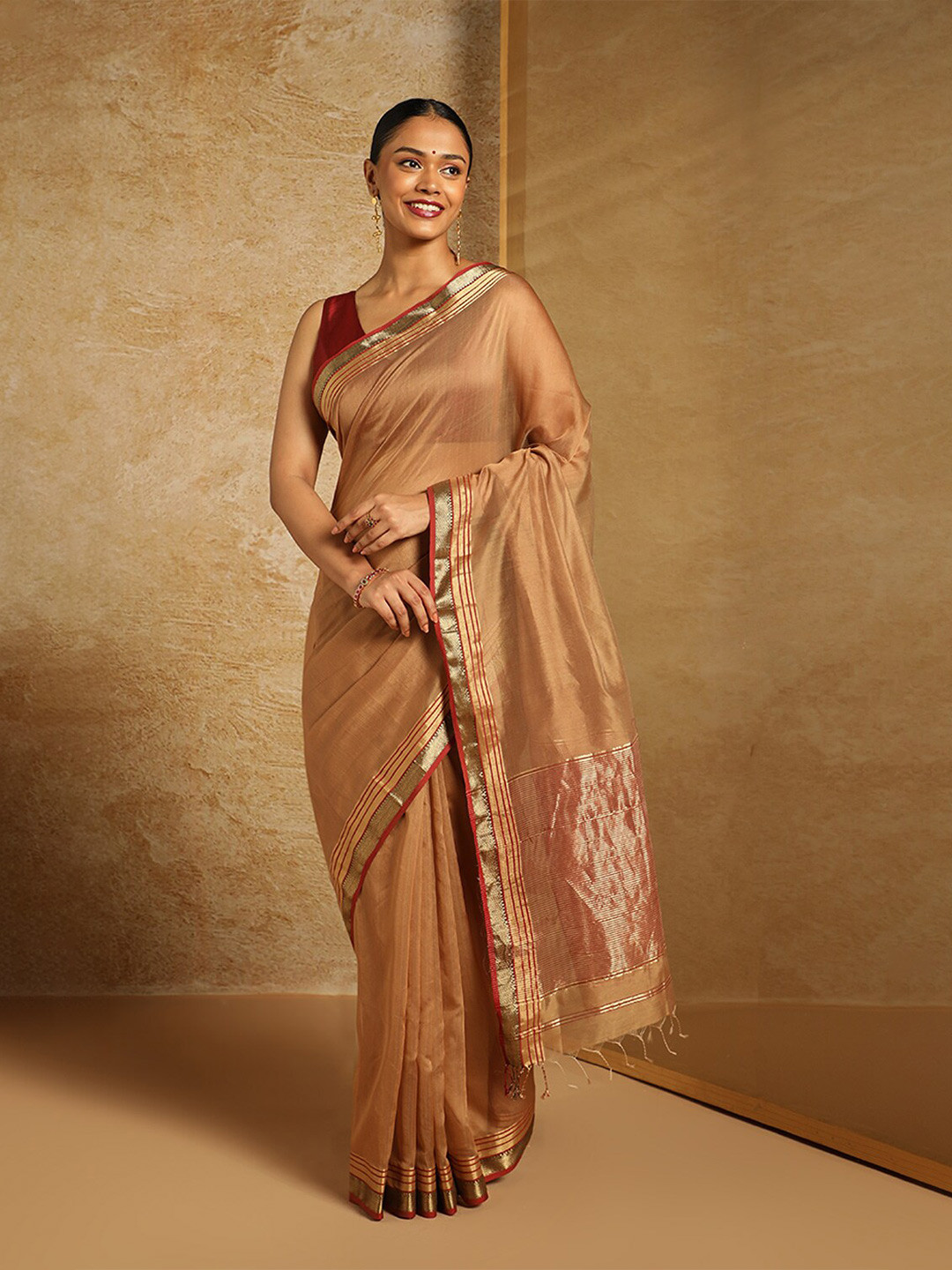 Beige - Handloom Tissue Zari Maheshwari Saree with Border 28