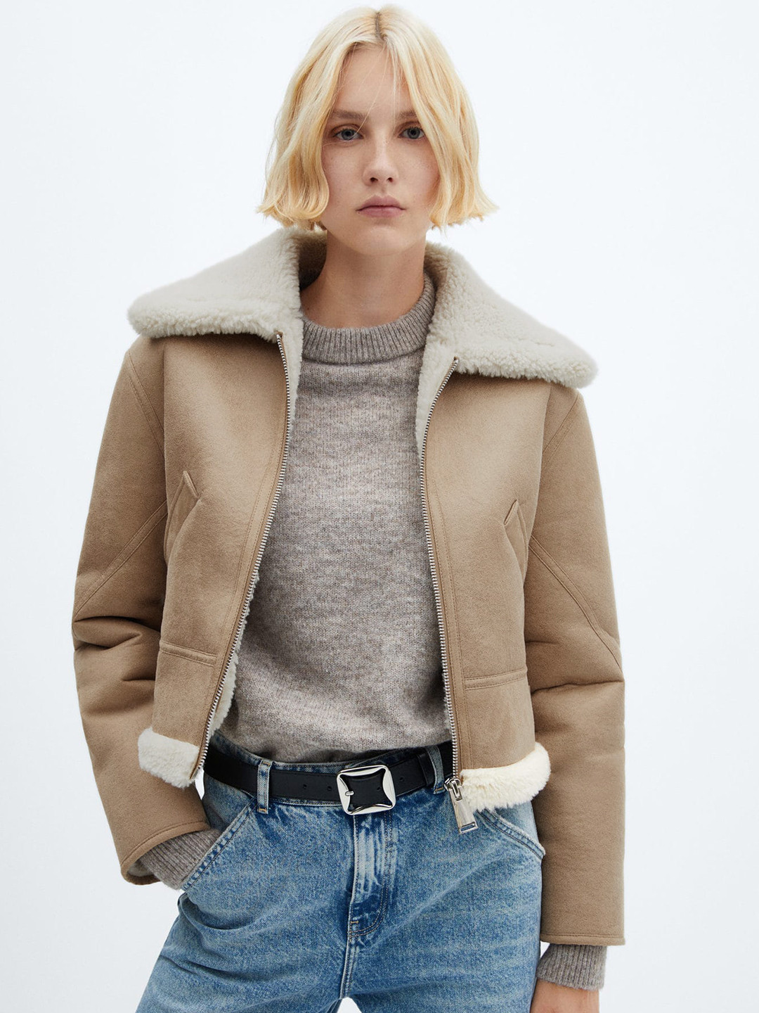 MANGO Women's Faux Fur Sherpa Toggle Coat Cream Black Trim Jacket Medium